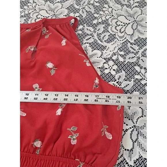 Loft Halter Dress L Brick Red Floral Elastic Waist High Neck Keyhole Back Summer - Picture 6 of 9